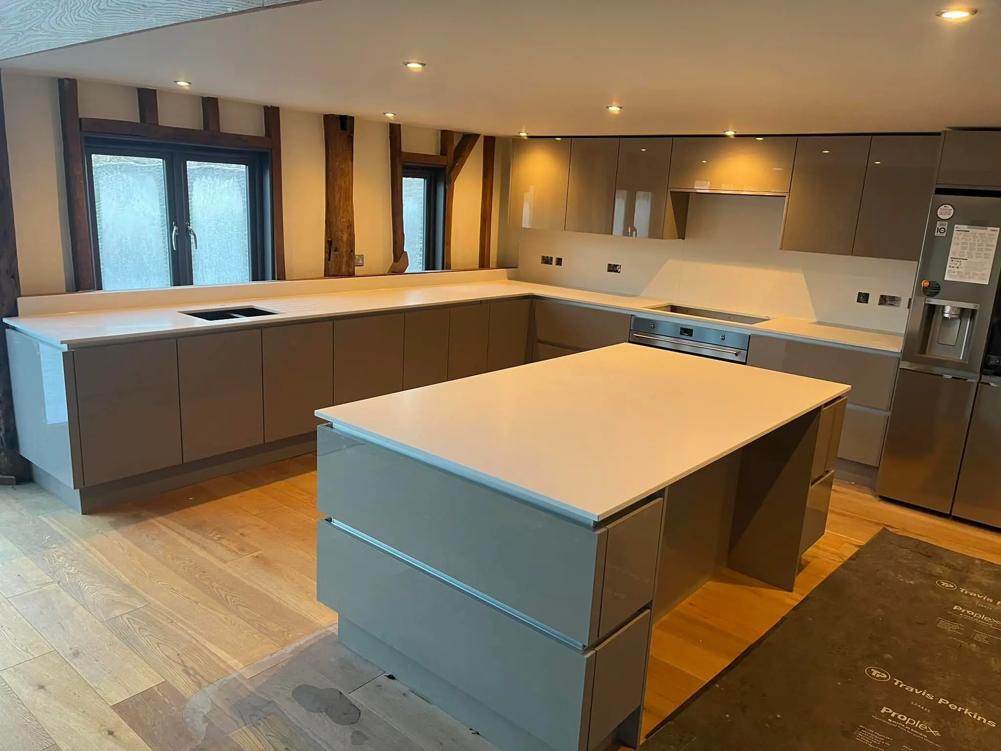 Granite kitchen island with white stone top