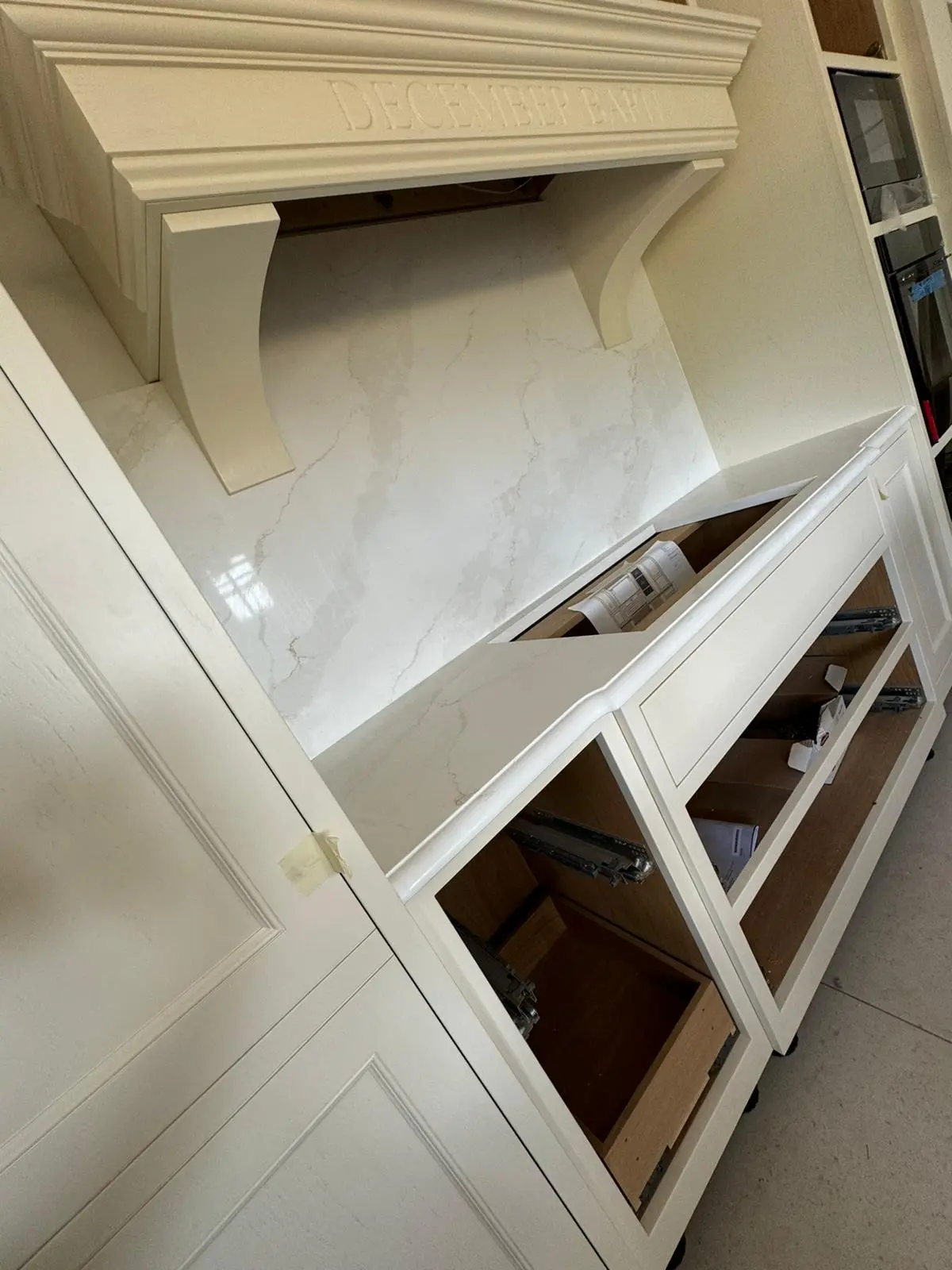 Solid marble counter top on a bespoke kitchen island